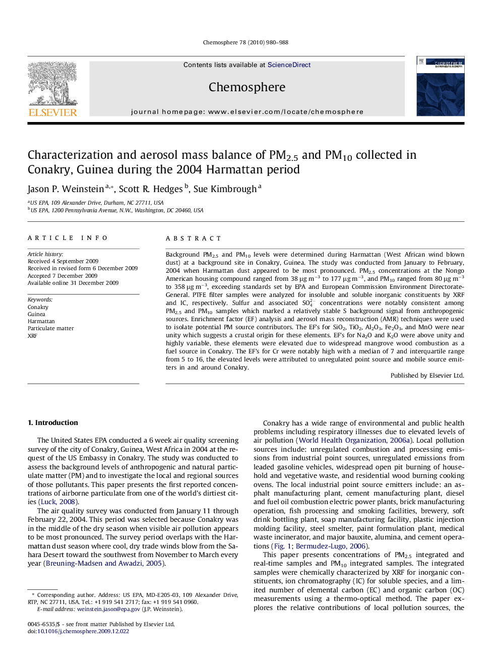 Characterization and aerosol mass balance of PM2.5 and PM10 collected in Conakry, Guinea during the 2004 Harmattan period