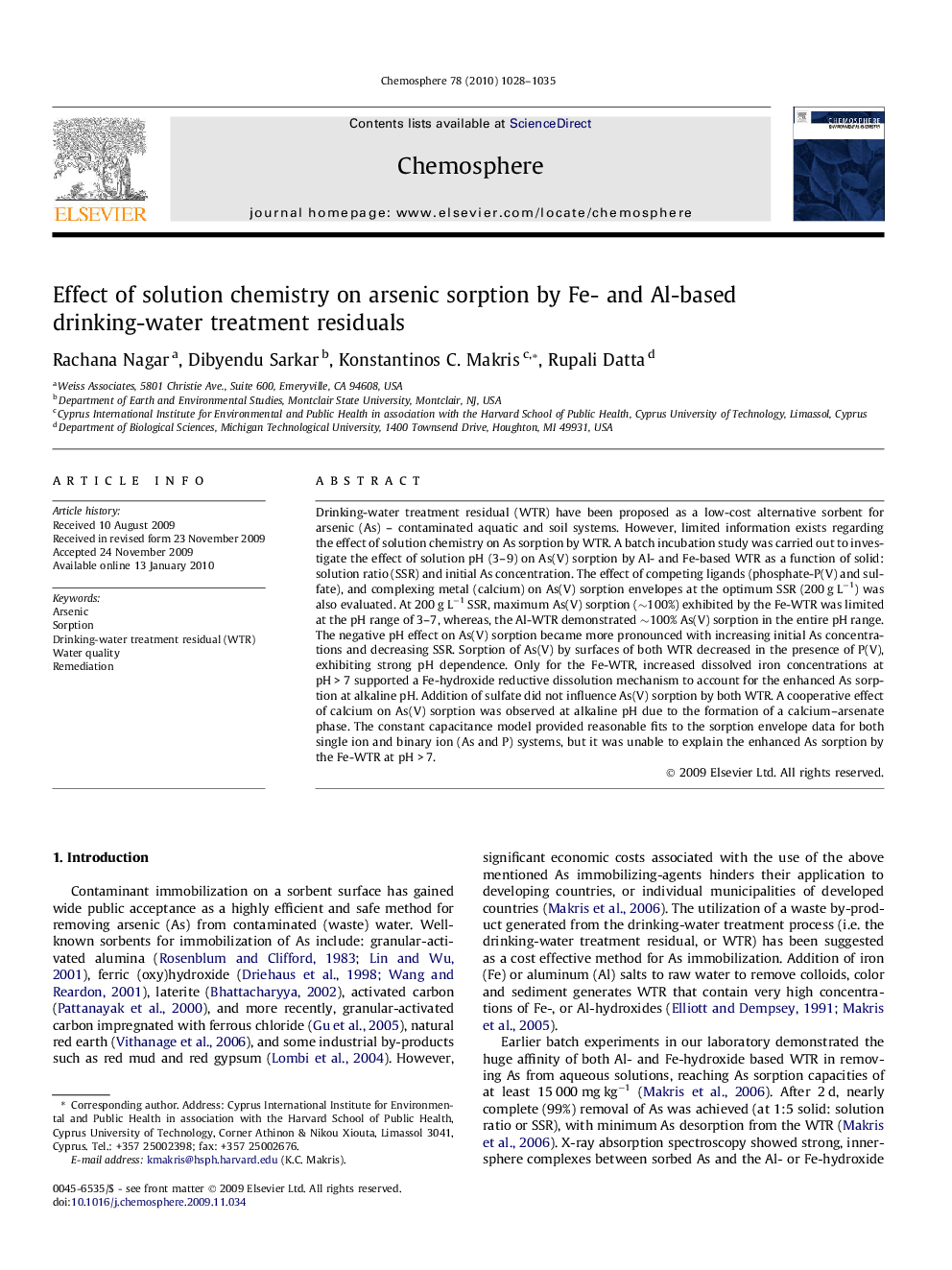 Effect of solution chemistry on arsenic sorption by Fe- and Al-based drinking-water treatment residuals