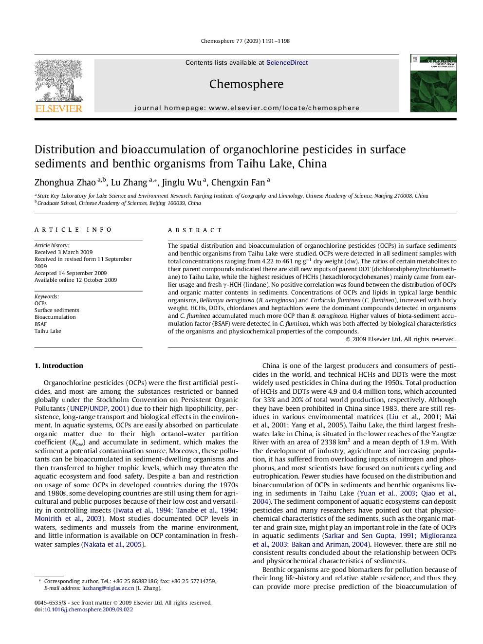 Distribution and bioaccumulation of organochlorine pesticides in surface sediments and benthic organisms from Taihu Lake, China