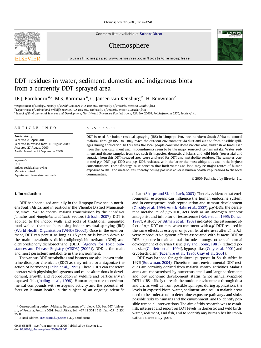 DDT residues in water, sediment, domestic and indigenous biota from a currently DDT-sprayed area