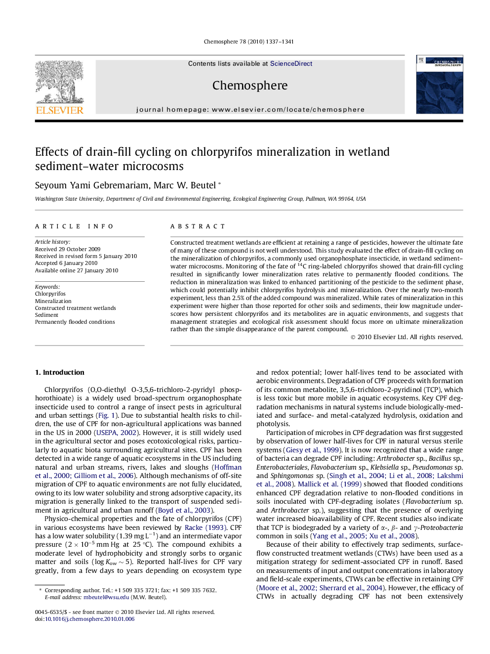 Effects of drain-fill cycling on chlorpyrifos mineralization in wetland sediment–water microcosms