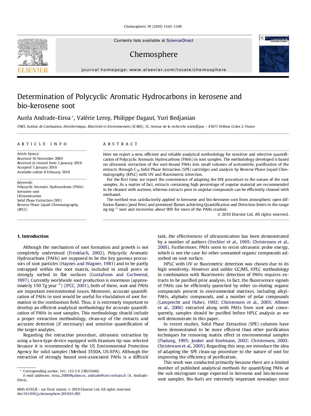 Determination of Polycyclic Aromatic Hydrocarbons in kerosene and bio-kerosene soot