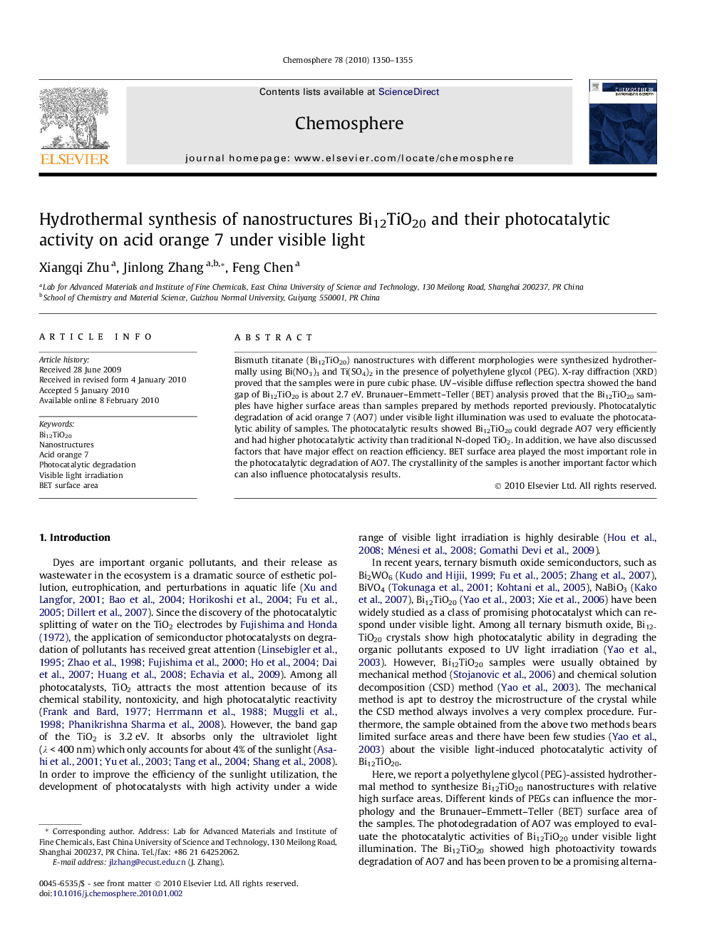 Hydrothermal synthesis of nanostructures Bi12TiO20 and their photocatalytic activity on acid orange 7 under visible light