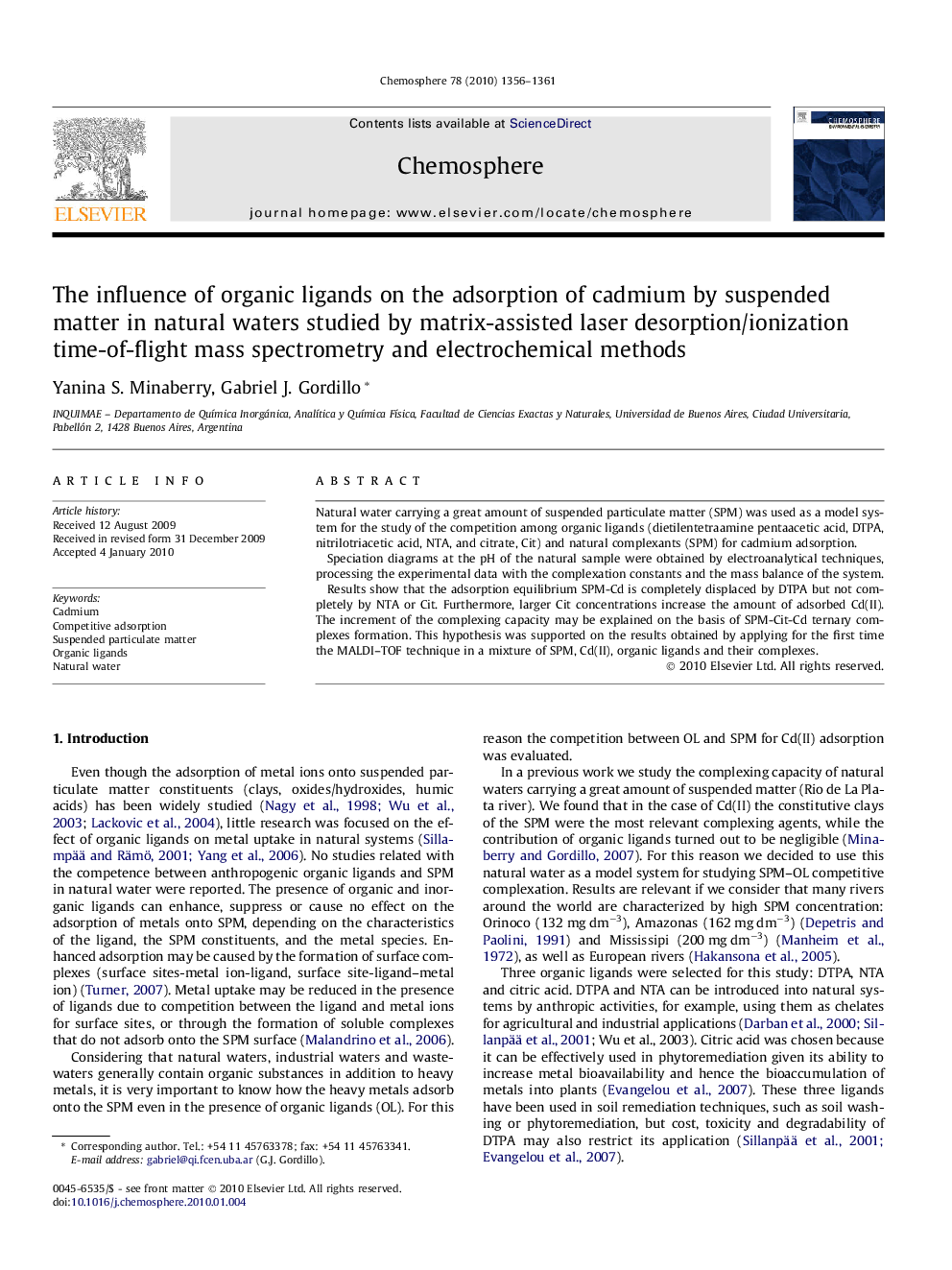 The influence of organic ligands on the adsorption of cadmium by suspended matter in natural waters studied by matrix-assisted laser desorption/ionization time-of-flight mass spectrometry and electrochemical methods