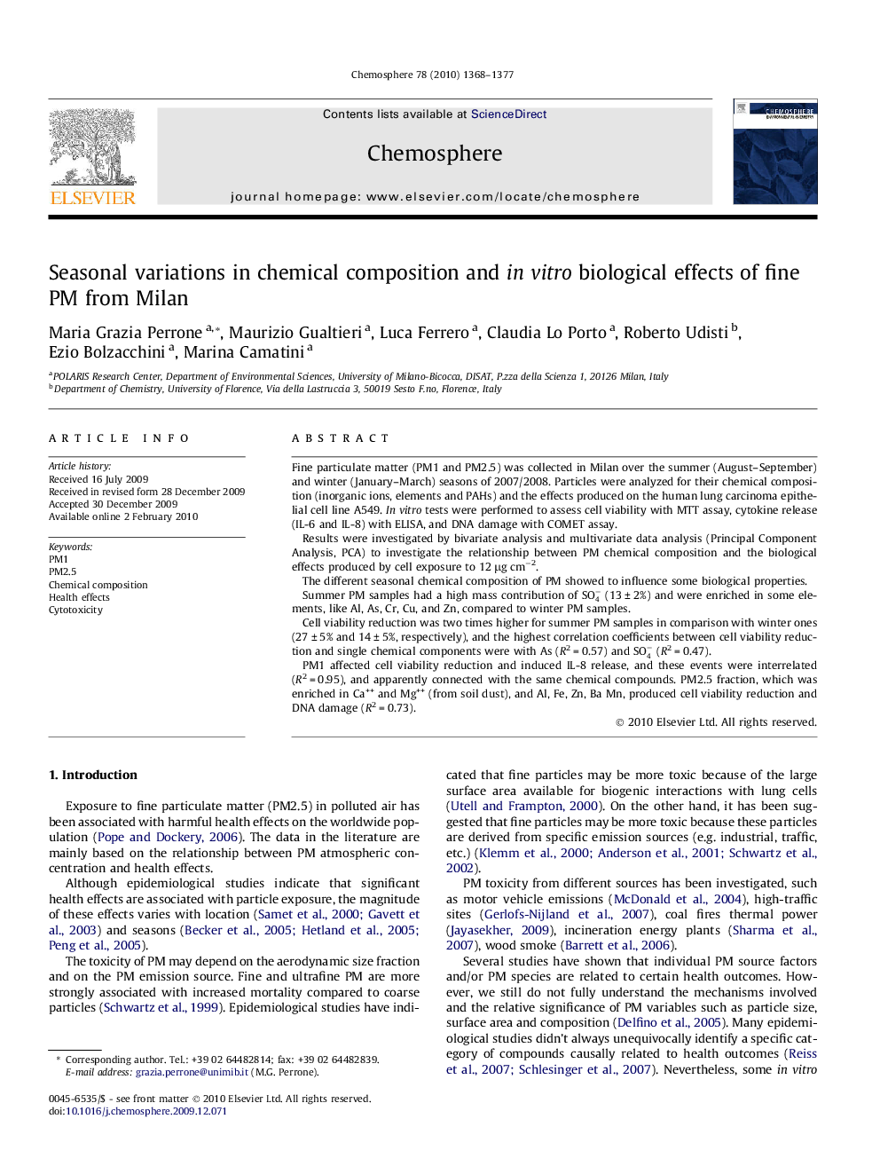 Seasonal variations in chemical composition and in vitro biological effects of fine PM from Milan