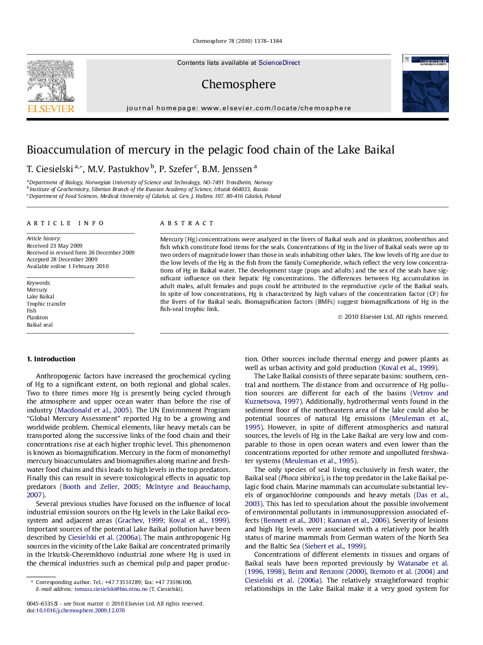 Bioaccumulation of mercury in the pelagic food chain of the Lake Baikal