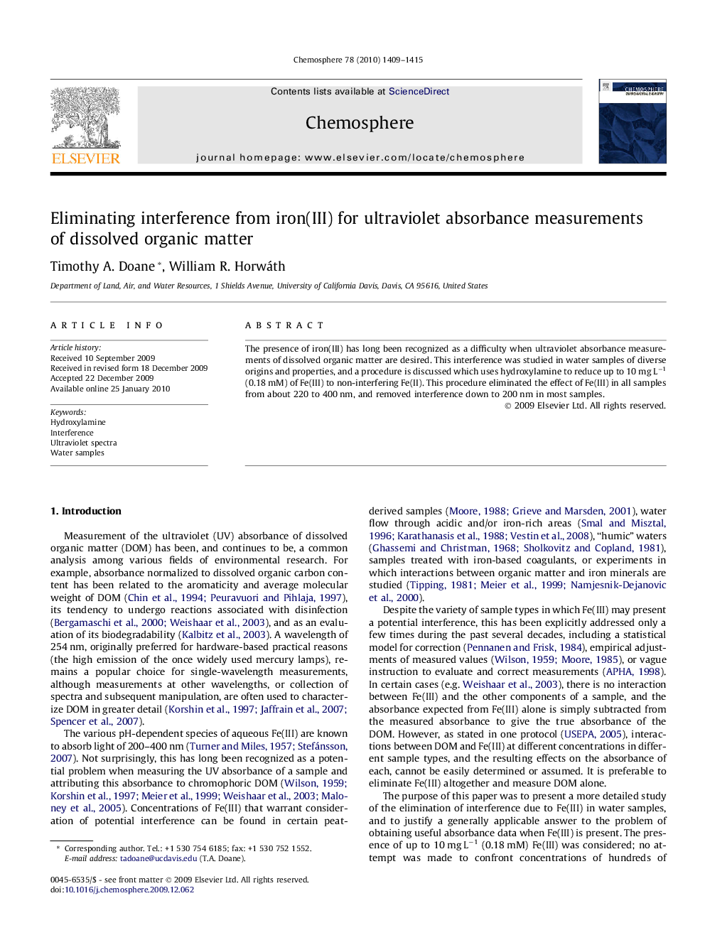 Eliminating interference from iron(III) for ultraviolet absorbance measurements of dissolved organic matter