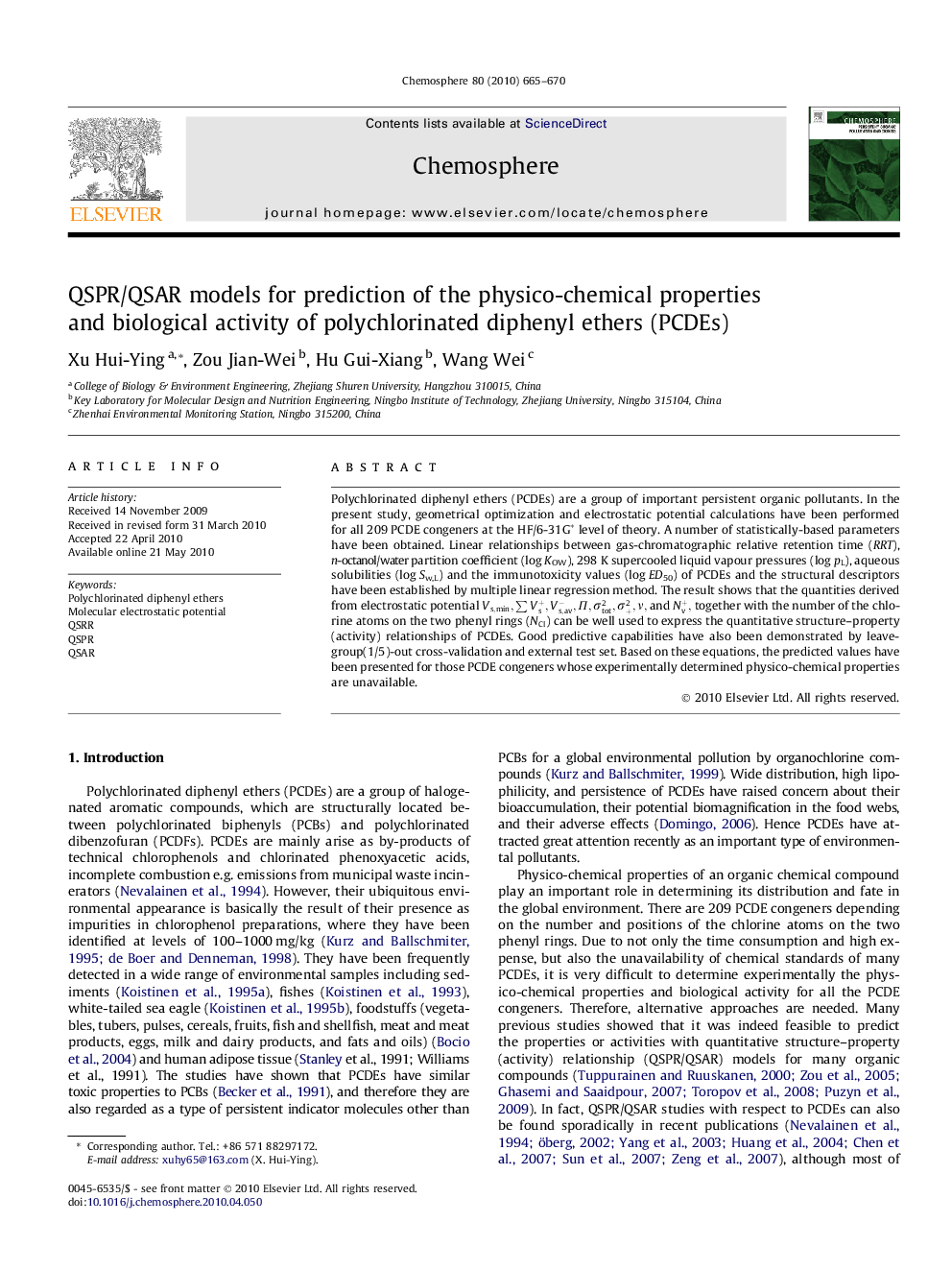 QSPR/QSAR models for prediction of the physico-chemical properties and biological activity of polychlorinated diphenyl ethers (PCDEs)