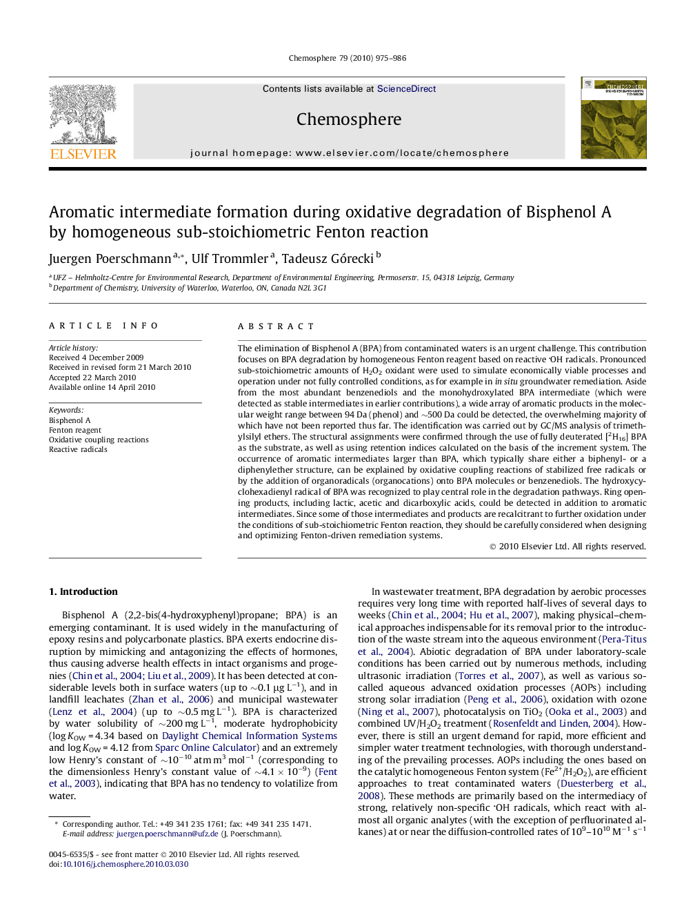 Aromatic intermediate formation during oxidative degradation of Bisphenol A by homogeneous sub-stoichiometric Fenton reaction