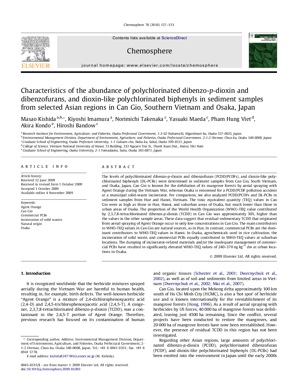 Characteristics of the abundance of polychlorinated dibenzo-p-dioxin and dibenzofurans, and dioxin-like polychlorinated biphenyls in sediment samples from selected Asian regions in Can Gio, Southern Vietnam and Osaka, Japan