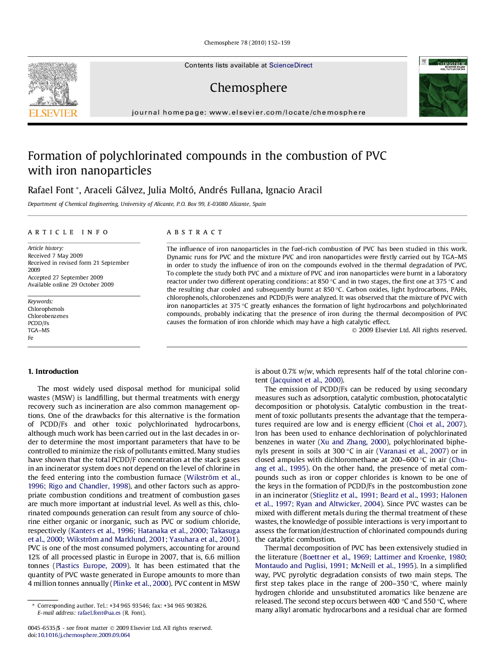 Formation of polychlorinated compounds in the combustion of PVC with iron nanoparticles