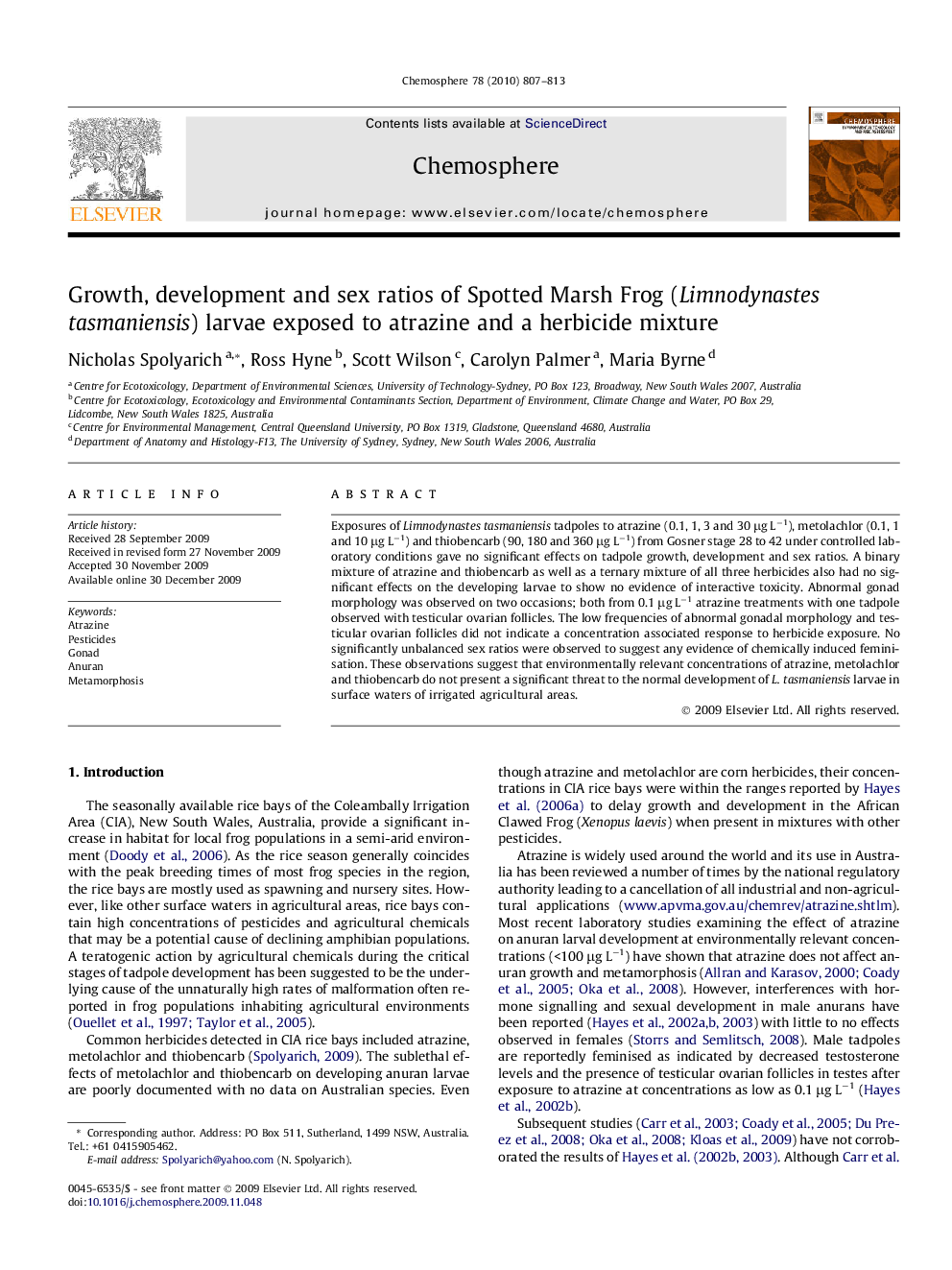 Growth, development and sex ratios of Spotted Marsh Frog (Limnodynastes tasmaniensis) larvae exposed to atrazine and a herbicide mixture