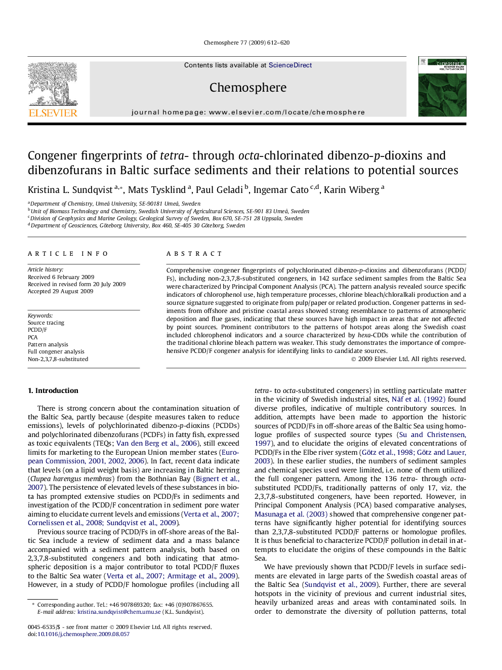 Congener fingerprints of tetra- through octa-chlorinated dibenzo-p-dioxins and dibenzofurans in Baltic surface sediments and their relations to potential sources