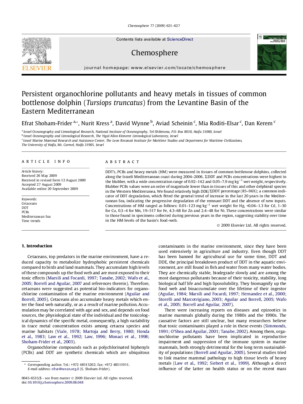 Persistent organochlorine pollutants and heavy metals in tissues of common bottlenose dolphin (Tursiops truncatus) from the Levantine Basin of the Eastern Mediterranean