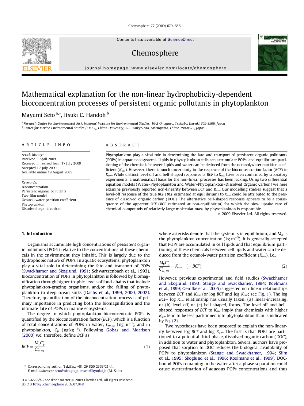 Mathematical explanation for the non-linear hydrophobicity-dependent bioconcentration processes of persistent organic pollutants in phytoplankton