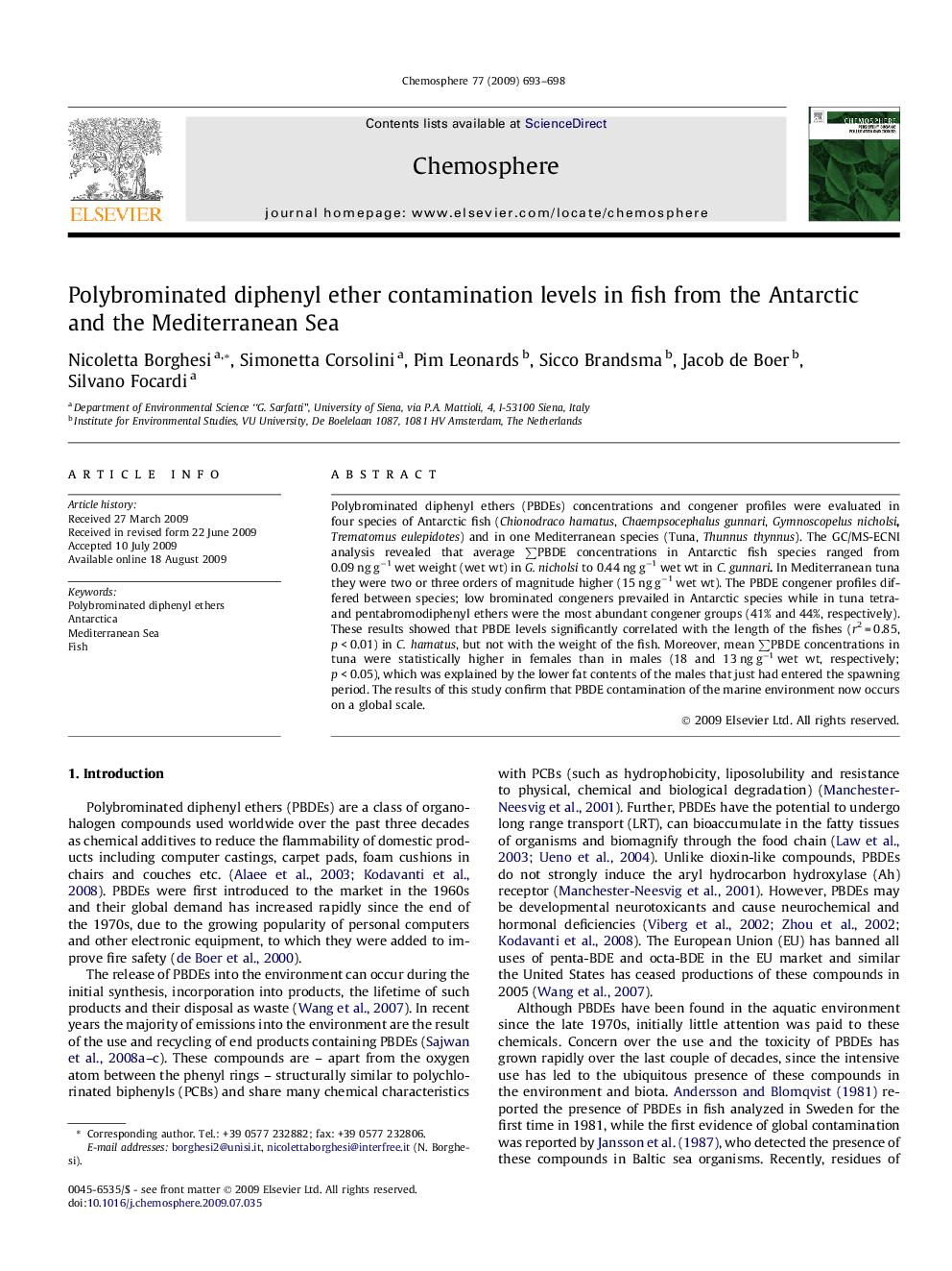 Polybrominated diphenyl ether contamination levels in fish from the Antarctic and the Mediterranean Sea