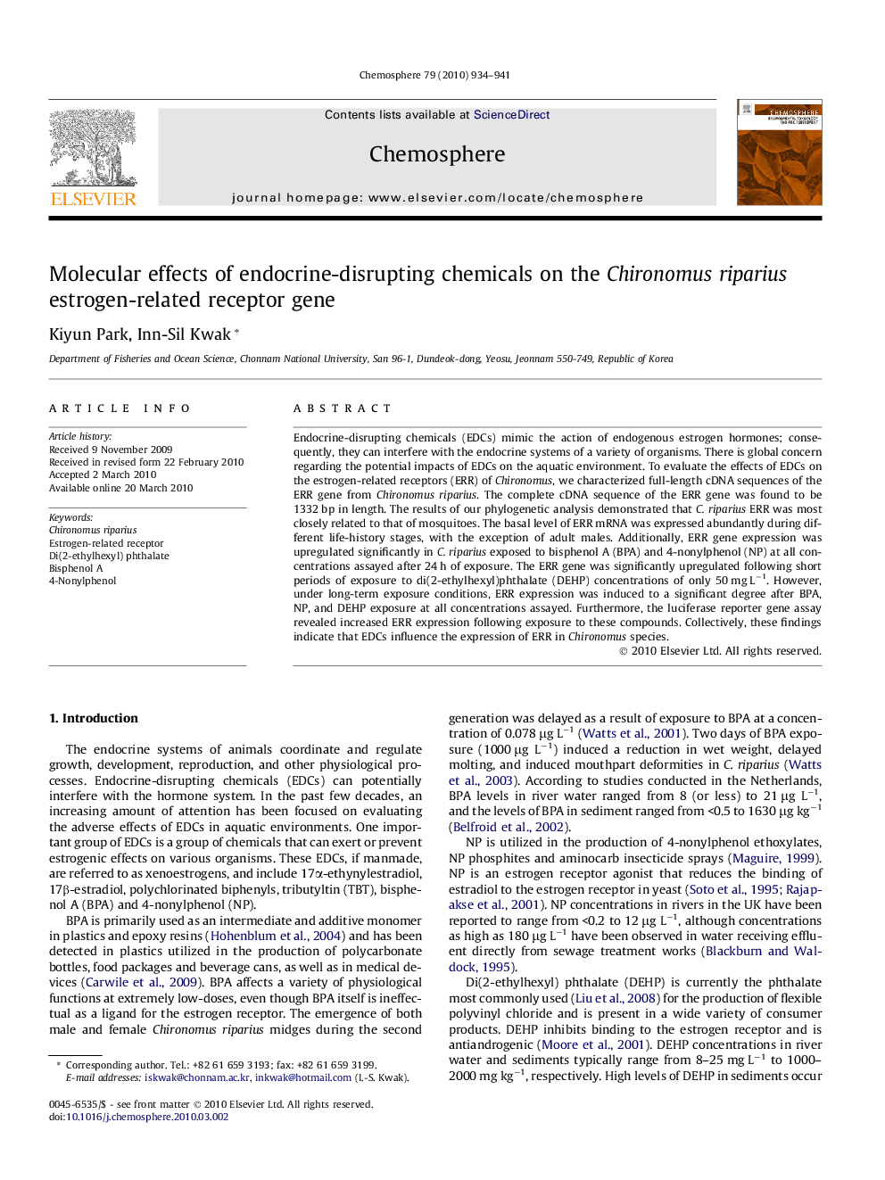 Molecular effects of endocrine-disrupting chemicals on the Chironomus riparius estrogen-related receptor gene