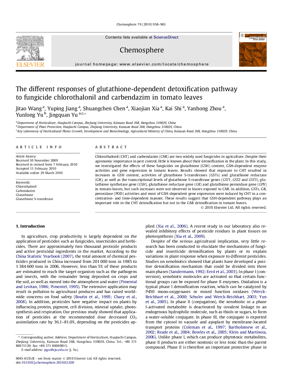 The different responses of glutathione-dependent detoxification pathway to fungicide chlorothalonil and carbendazim in tomato leaves