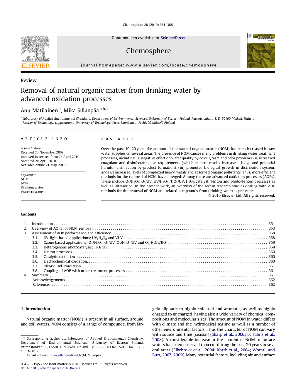 Removal of natural organic matter from drinking water by advanced oxidation processes