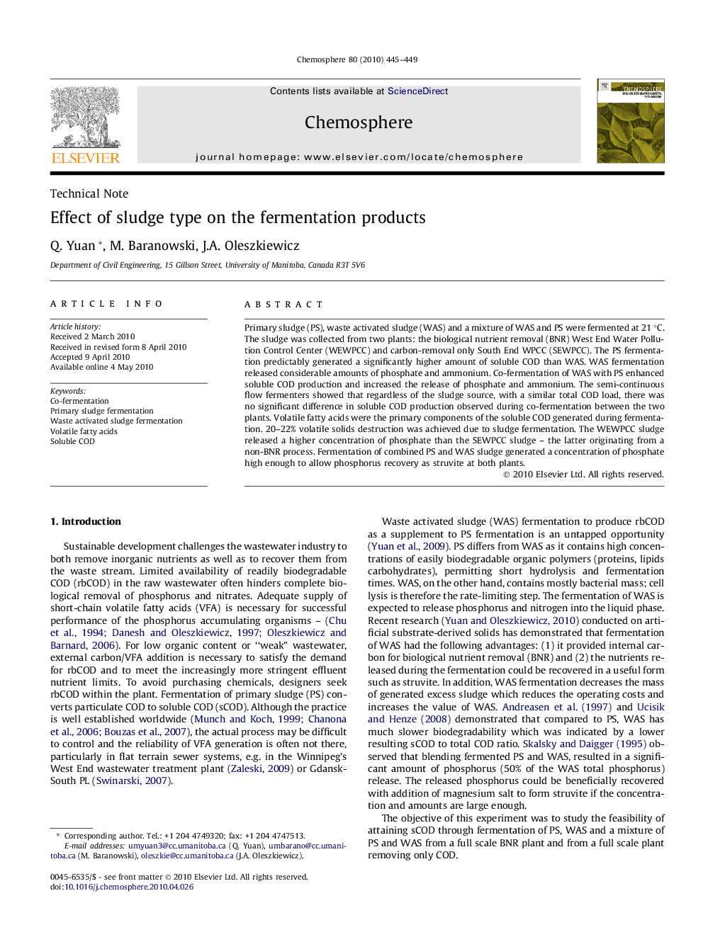 Effect of sludge type on the fermentation products