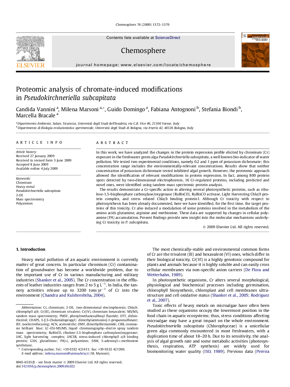 Proteomic analysis of chromate-induced modifications in Pseudokirchneriella subcapitata