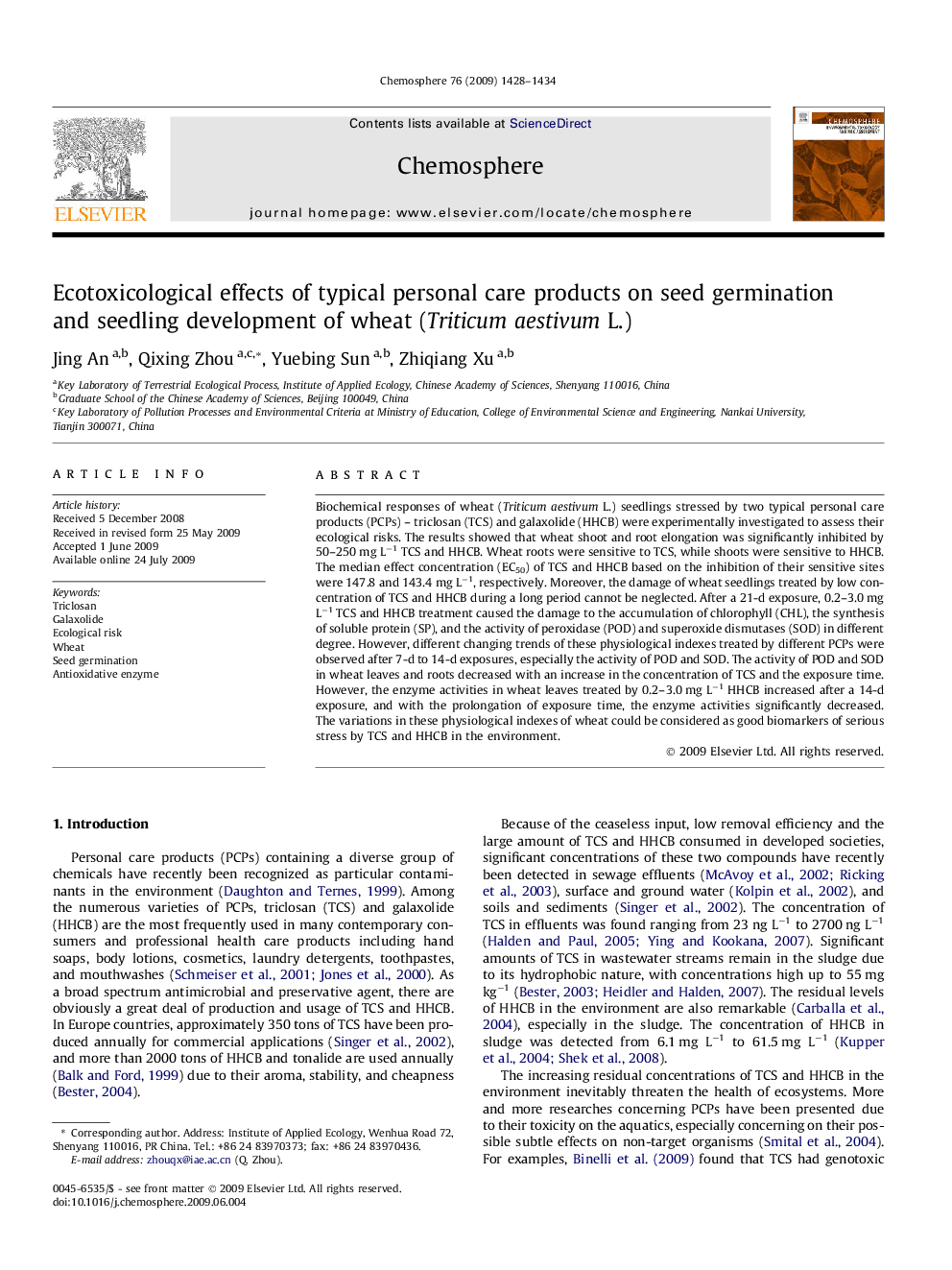 Ecotoxicological effects of typical personal care products on seed germination and seedling development of wheat (Triticum aestivum L.)