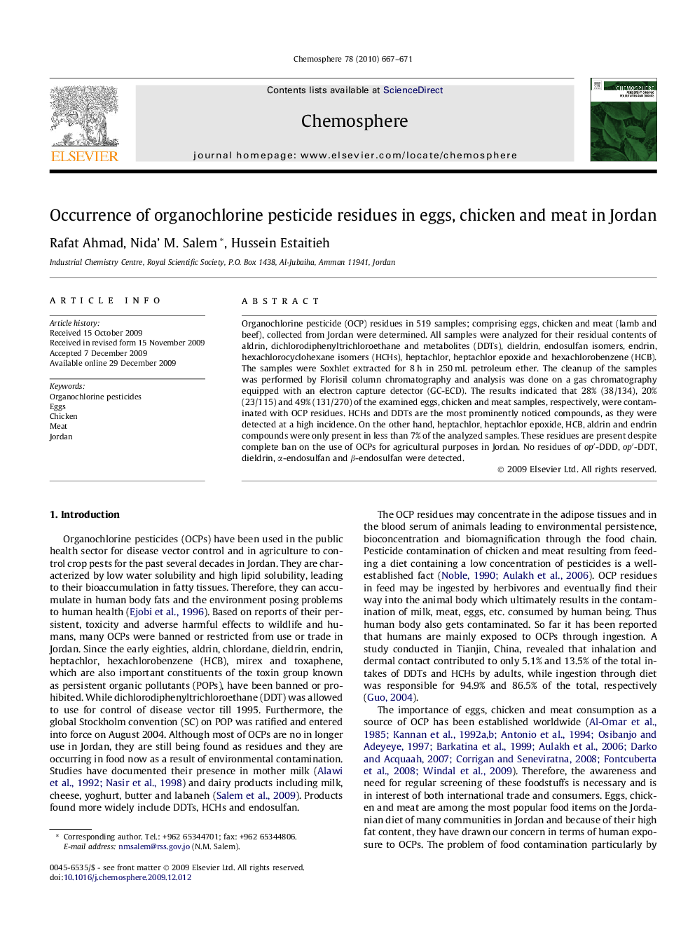 Occurrence of organochlorine pesticide residues in eggs, chicken and meat in Jordan