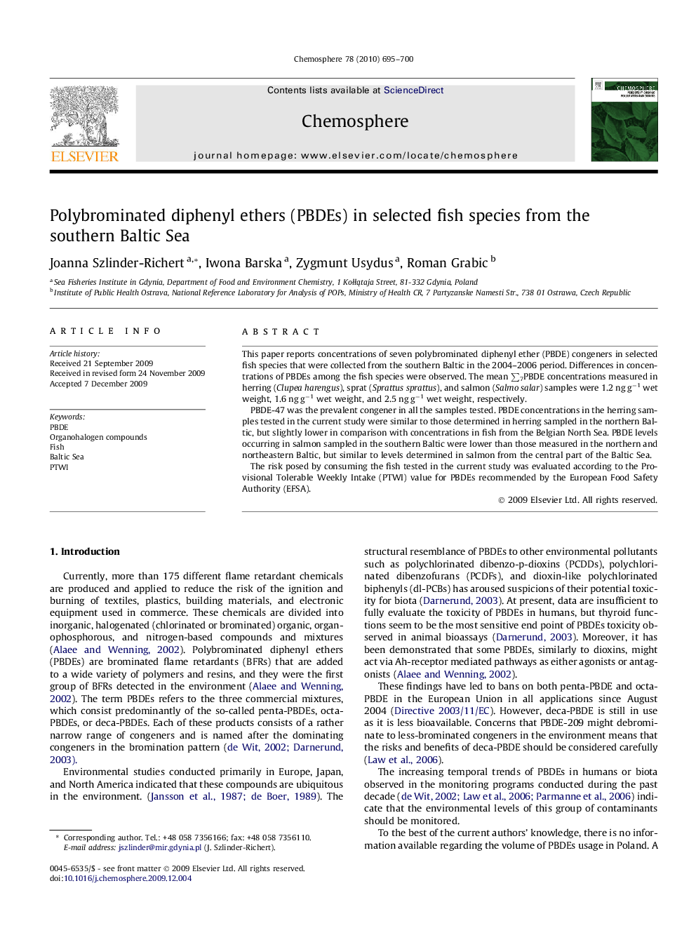 Polybrominated diphenyl ethers (PBDEs) in selected fish species from the southern Baltic Sea