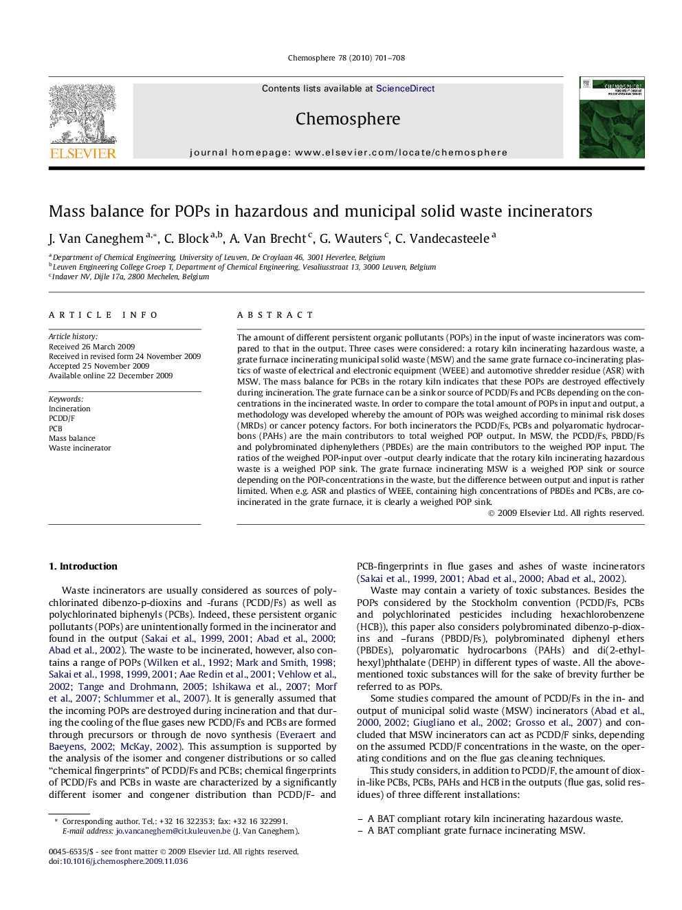 Mass balance for POPs in hazardous and municipal solid waste incinerators