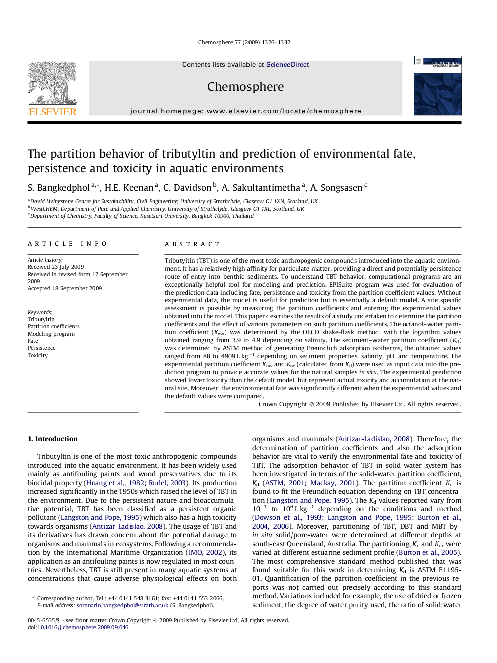 The partition behavior of tributyltin and prediction of environmental fate, persistence and toxicity in aquatic environments