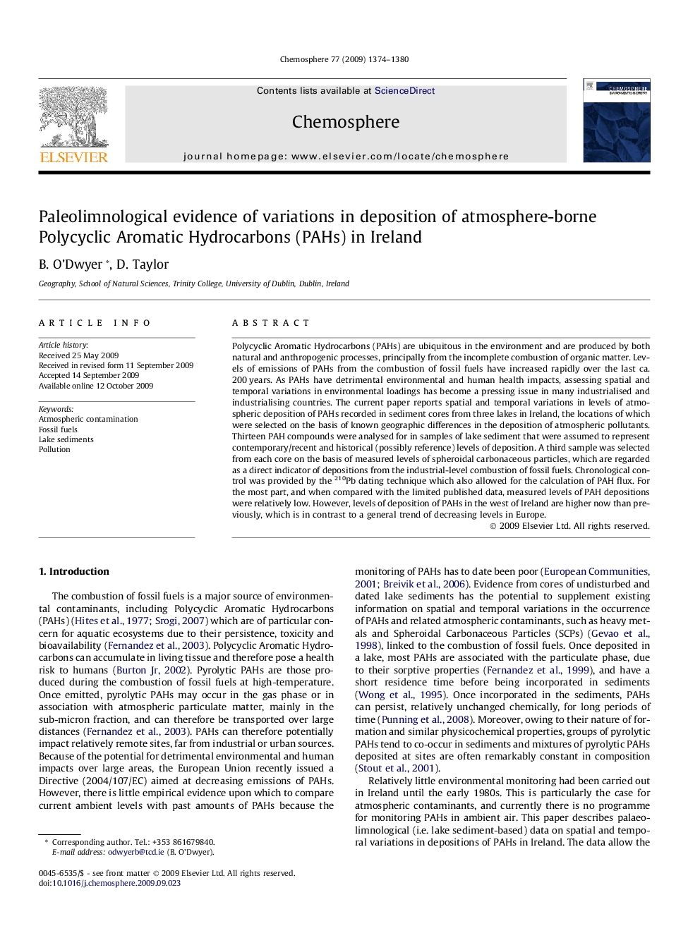 Paleolimnological evidence of variations in deposition of atmosphere-borne Polycyclic Aromatic Hydrocarbons (PAHs) in Ireland