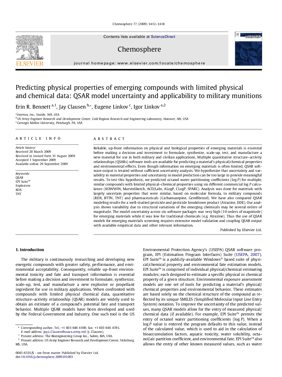 عکس صفحه اول مقاله: Predicting physical properties of emerging compounds with limited physical and chemical data: QSAR model uncertainty and applicability to military munitions Predicting physical properties of emerging compounds with limited physical and chemical data: QSAR model uncertainty and applicability to military munitions