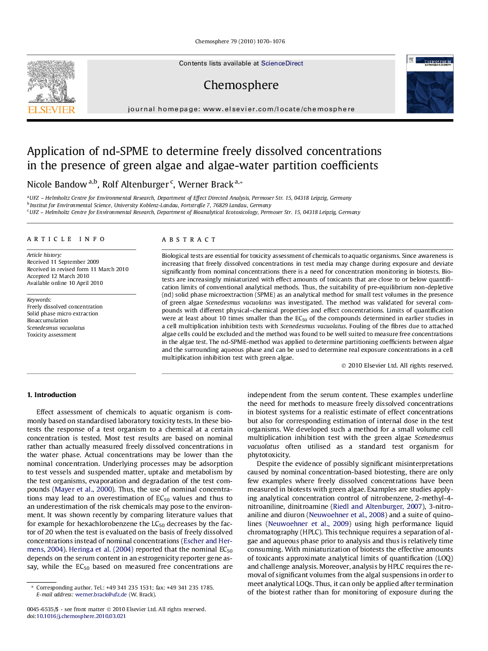 Application of nd-SPME to determine freely dissolved concentrations in the presence of green algae and algae-water partition coefficients