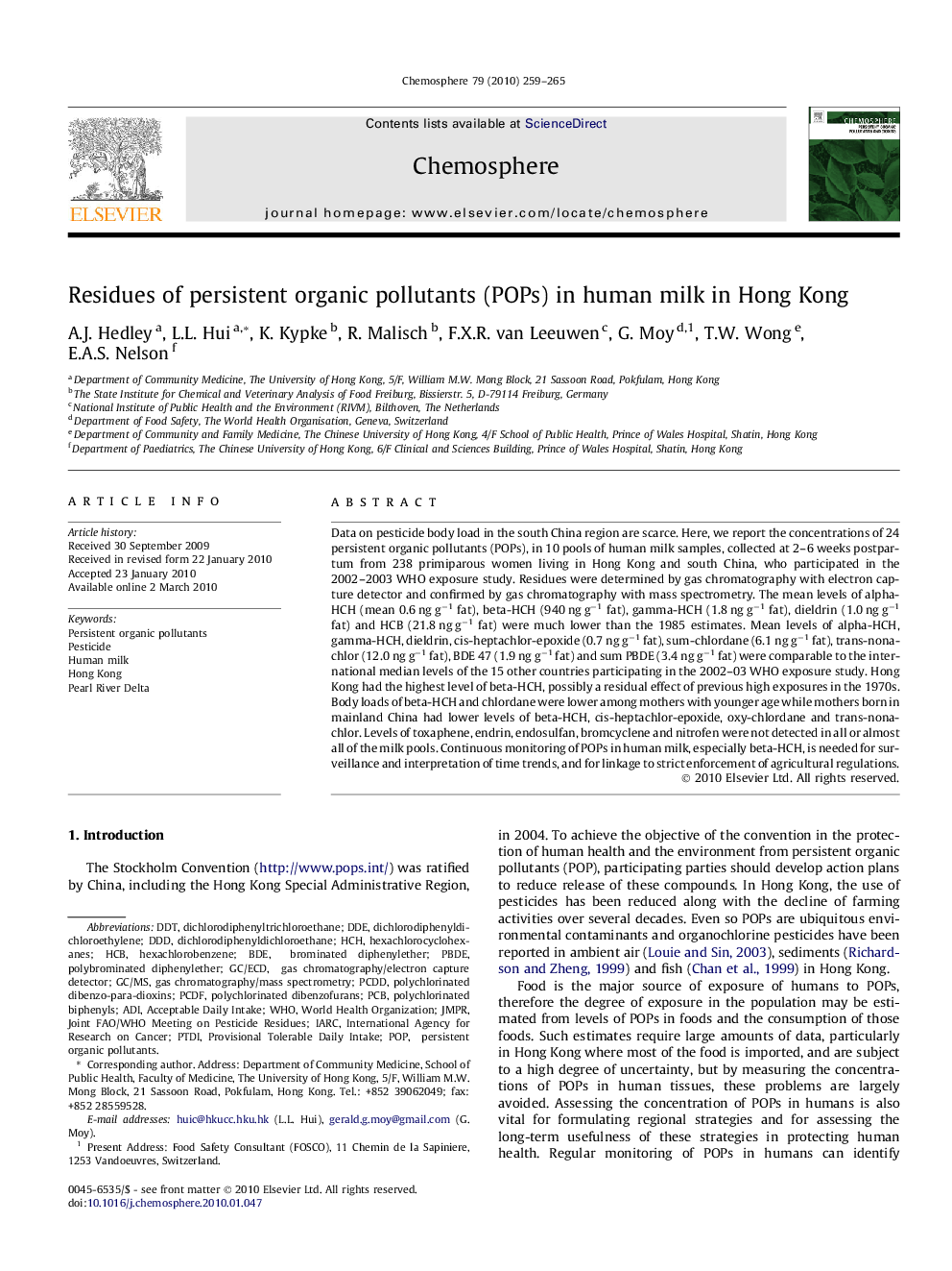 Residues of persistent organic pollutants (POPs) in human milk in Hong Kong