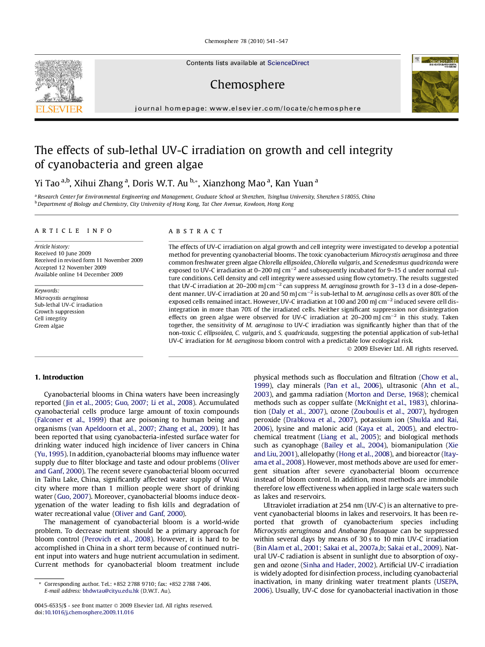 The effects of sub-lethal UV-C irradiation on growth and cell integrity of cyanobacteria and green algae