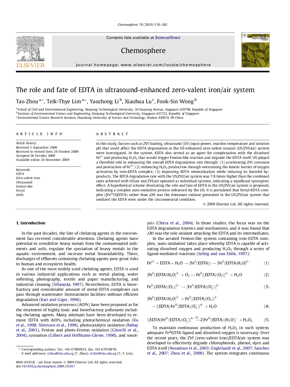 The role and fate of EDTA in ultrasound-enhanced zero-valent iron/air system