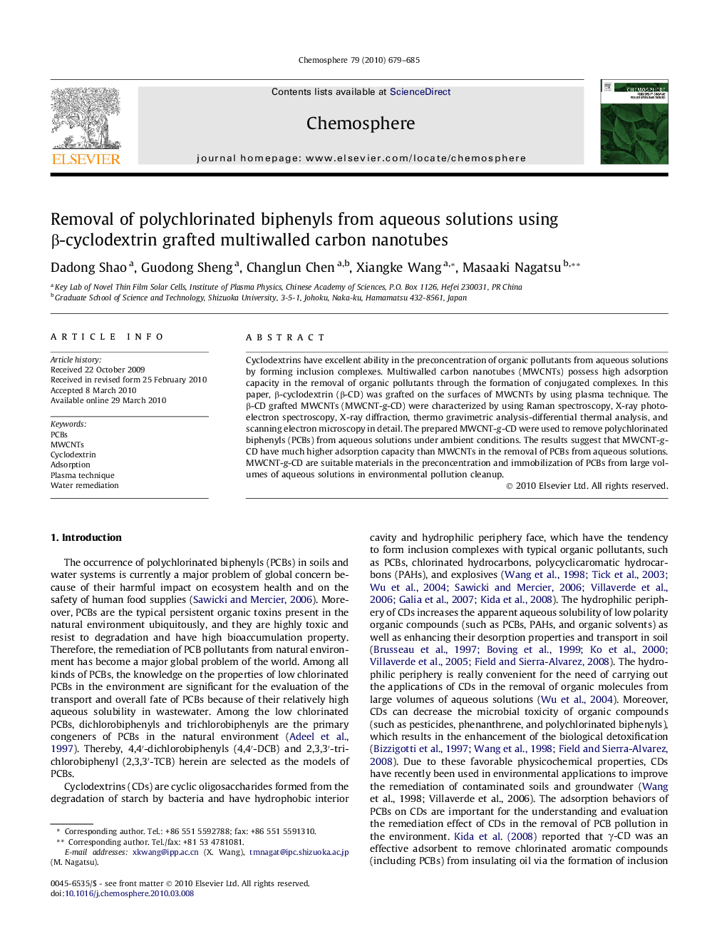 Removal of polychlorinated biphenyls from aqueous solutions using β-cyclodextrin grafted multiwalled carbon nanotubes