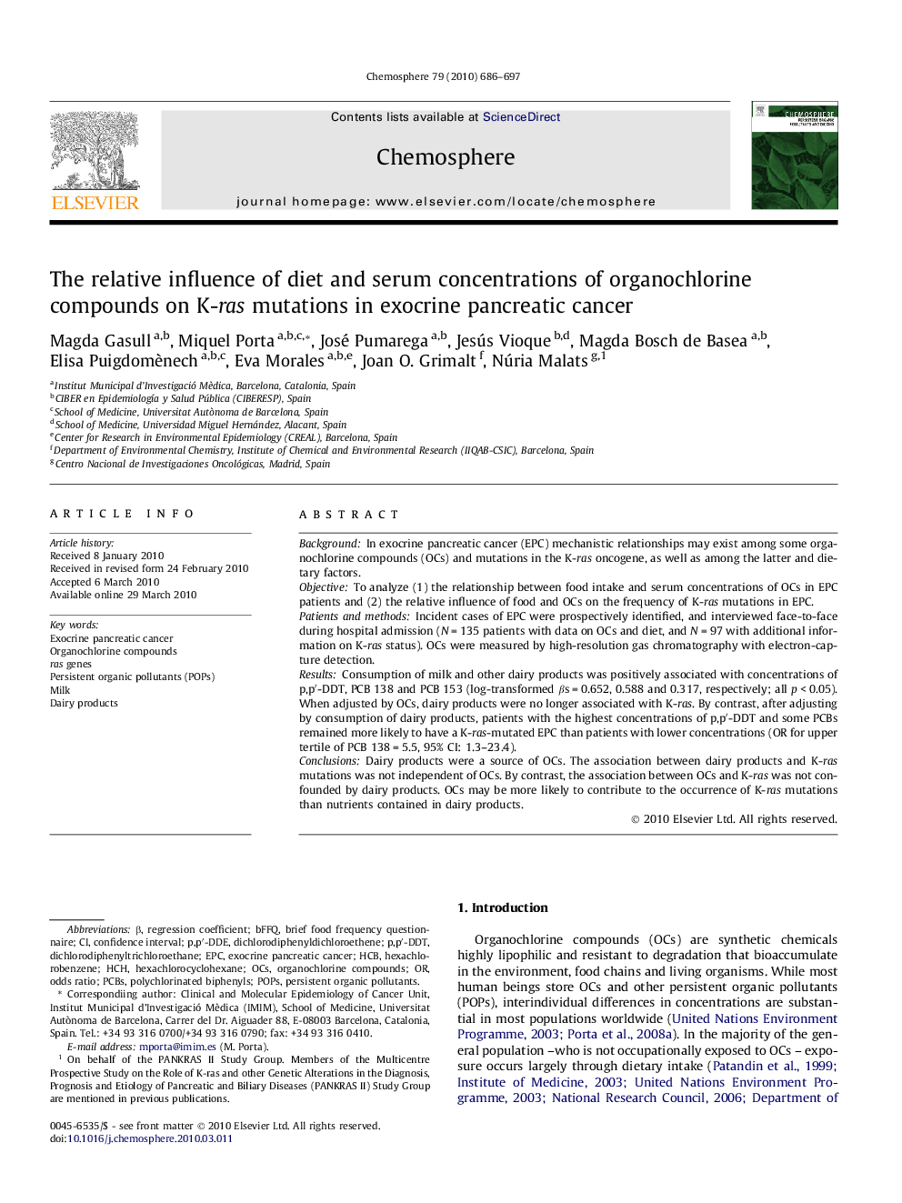 The relative influence of diet and serum concentrations of organochlorine compounds on K-ras mutations in exocrine pancreatic cancer