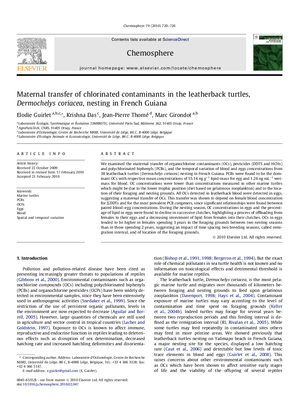 Maternal transfer of chlorinated contaminants in the leatherback turtles, Dermochelys coriacea, nesting in French Guiana