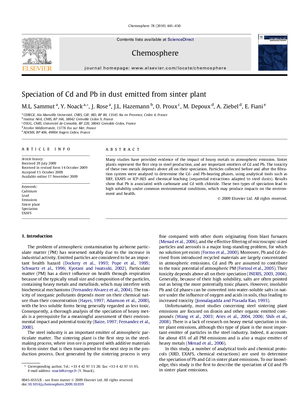 Speciation of Cd and Pb in dust emitted from sinter plant