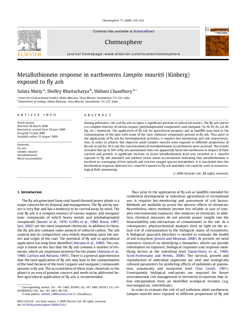 Metallothionein response in earthworms Lampito mauritii (Kinberg) exposed to fly ash