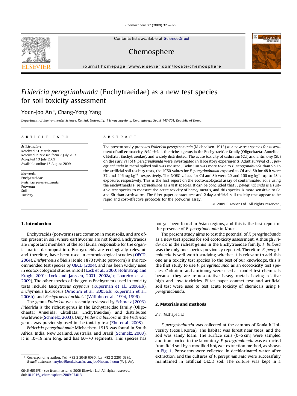 Fridericia peregrinabunda (Enchytraeidae) as a new test species for soil toxicity assessment