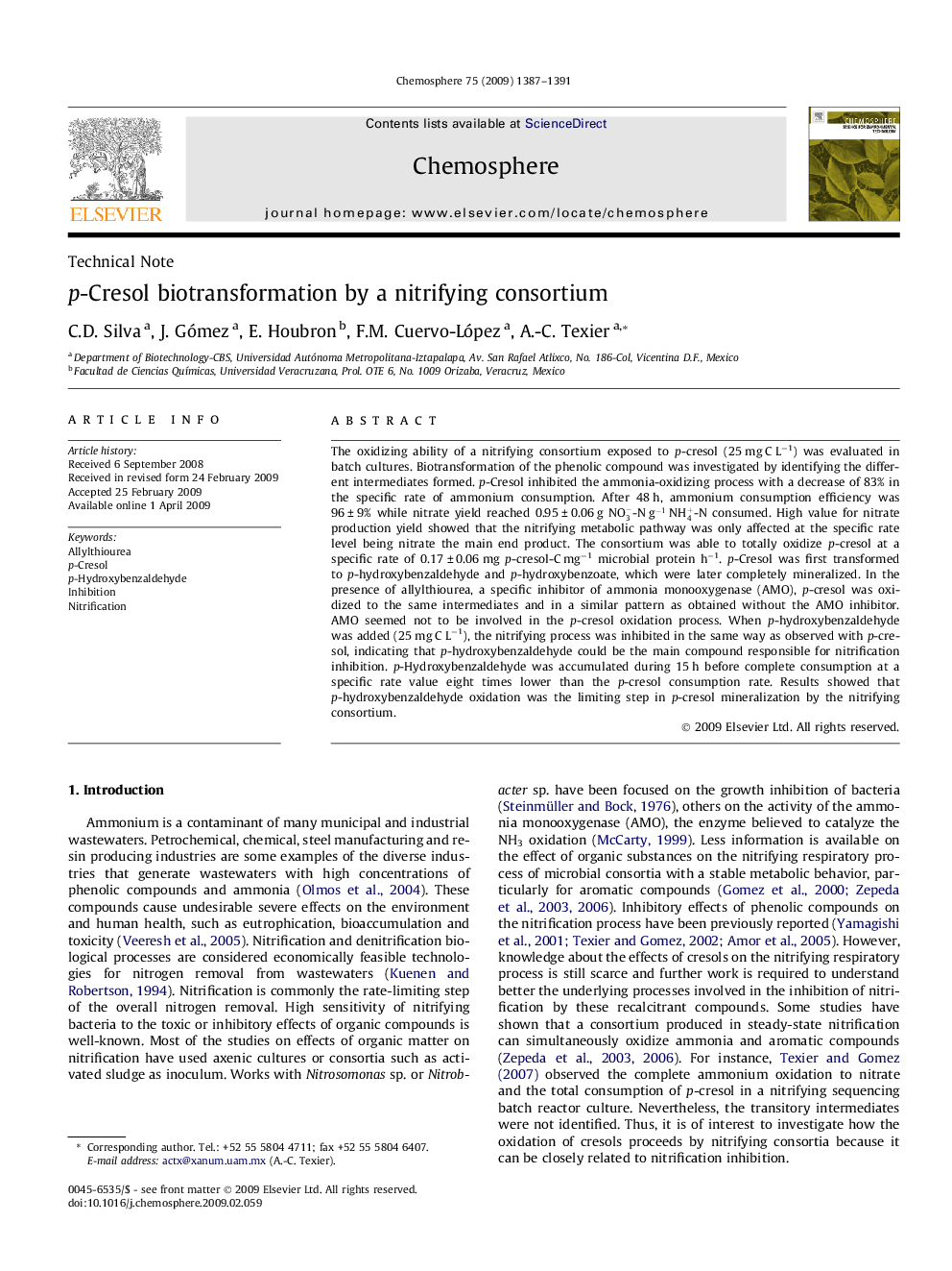 p-Cresol biotransformation by a nitrifying consortium