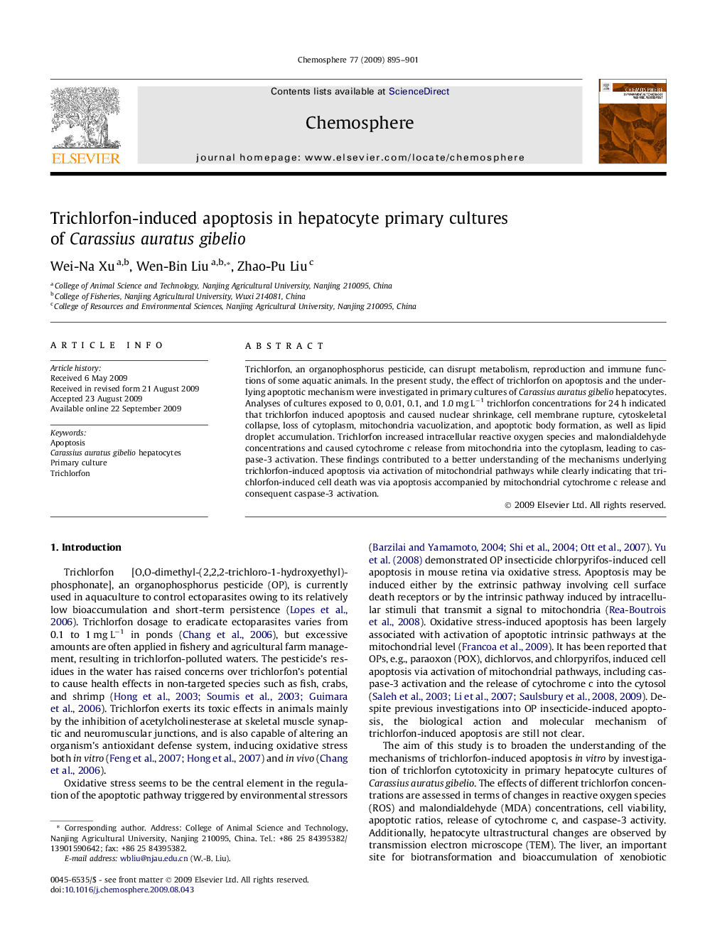 Trichlorfon-induced apoptosis in hepatocyte primary cultures of Carassius auratus gibelio