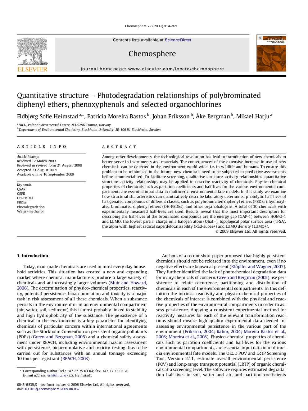 Quantitative structure – Photodegradation relationships of polybrominated diphenyl ethers, phenoxyphenols and selected organochlorines