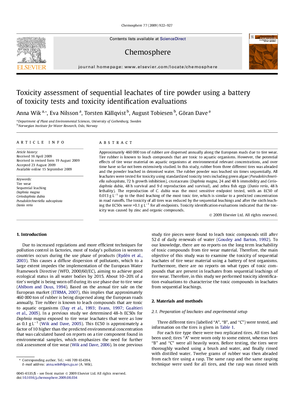 Toxicity assessment of sequential leachates of tire powder using a battery of toxicity tests and toxicity identification evaluations