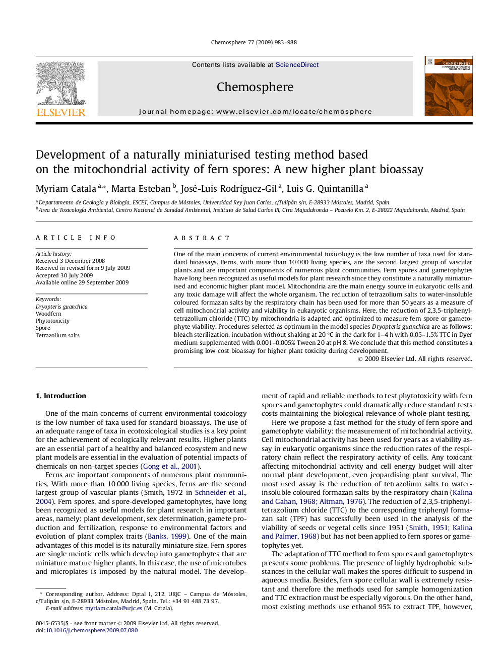 Development of a naturally miniaturised testing method based on the mitochondrial activity of fern spores: A new higher plant bioassay