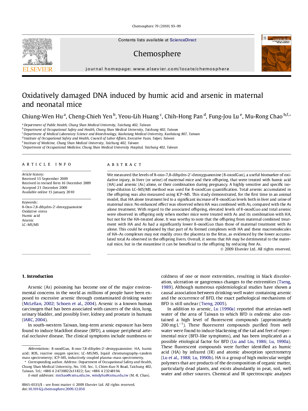 Oxidatively damaged DNA induced by humic acid and arsenic in maternal and neonatal mice