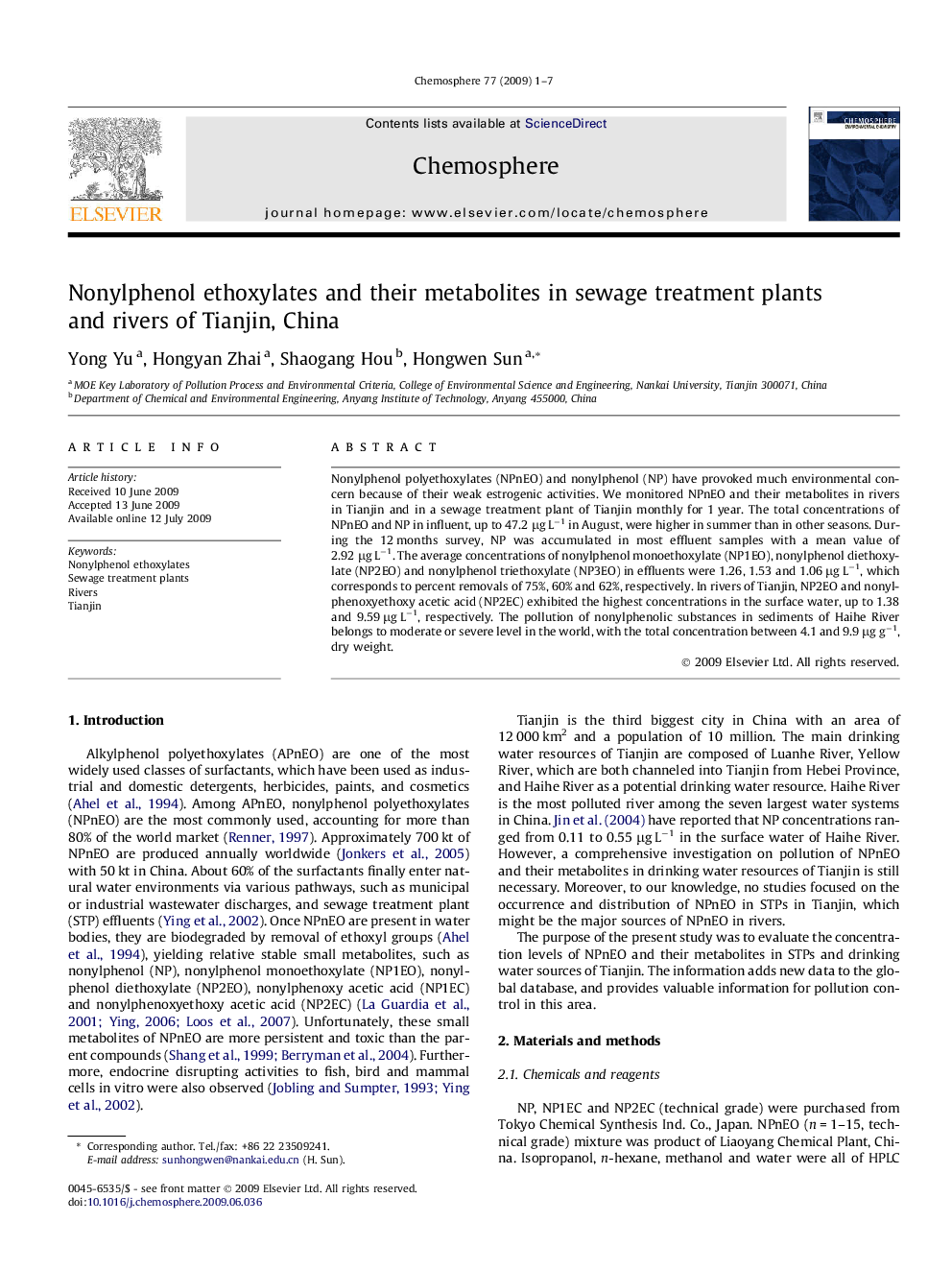 Nonylphenol ethoxylates and their metabolites in sewage treatment plants and rivers of Tianjin, China