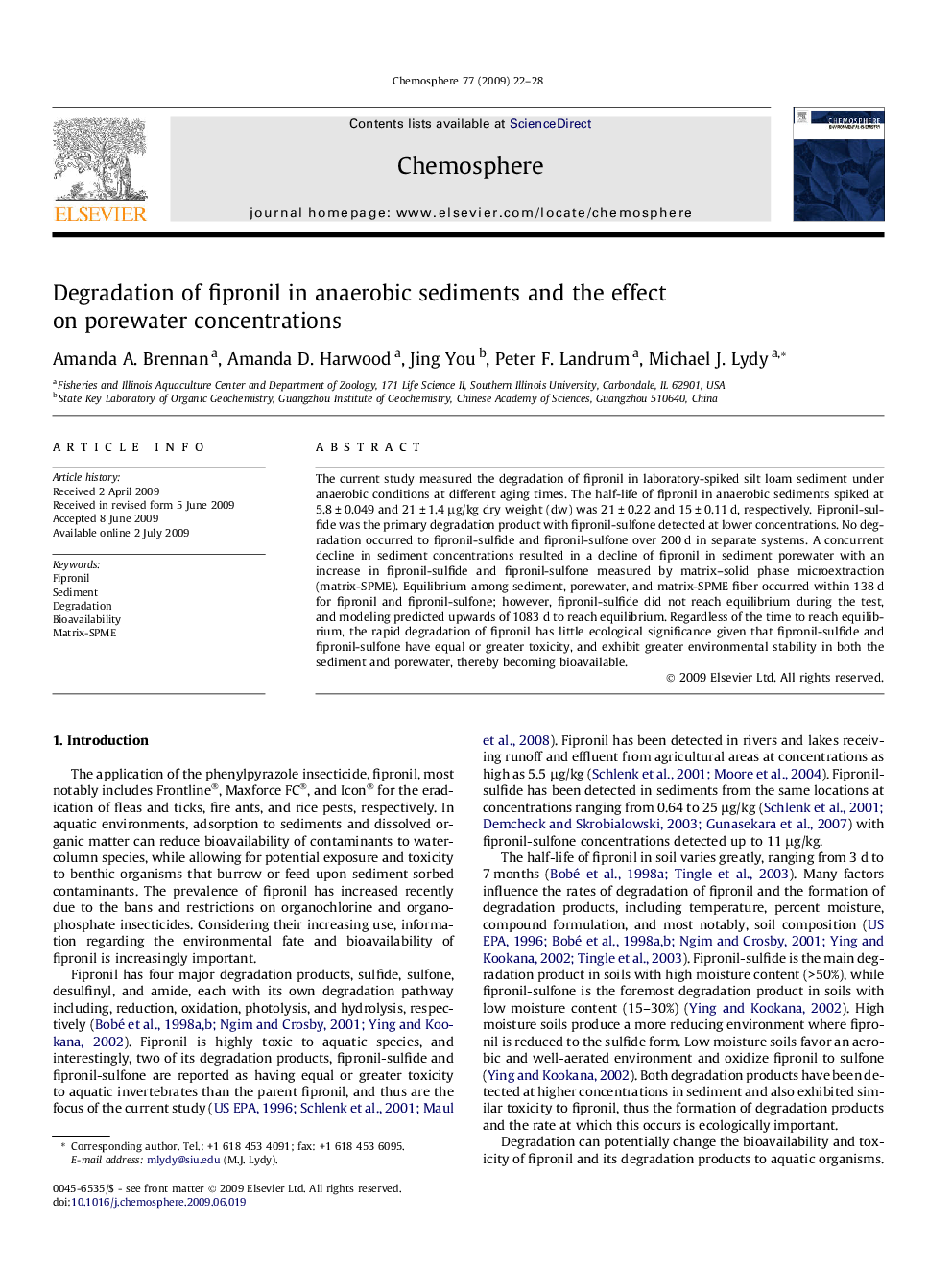 عکس صفحه اول مقاله: Degradation of fipronil in anaerobic sediments and the effect on porewater concentrations Degradation of fipronil in anaerobic sediments and the effect on porewater concentrations